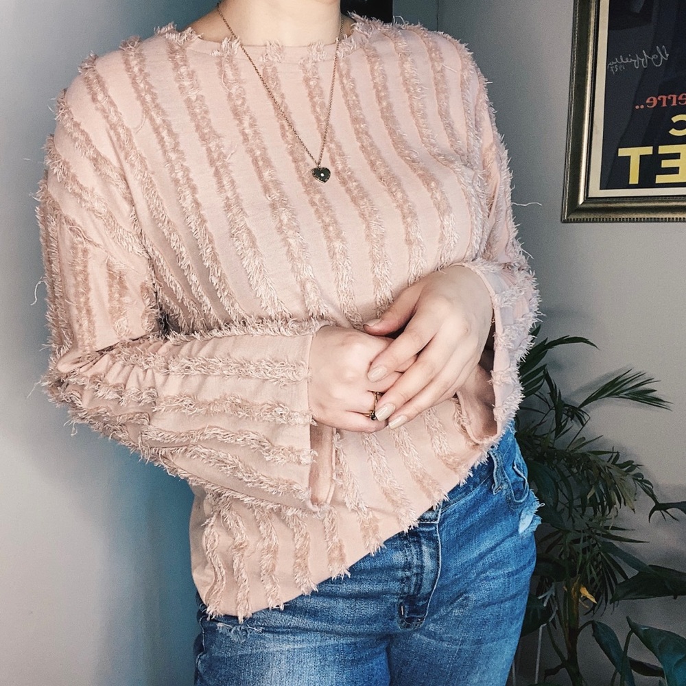 Zara Trafaluc Blush Fringe Top with Bell Sleeves